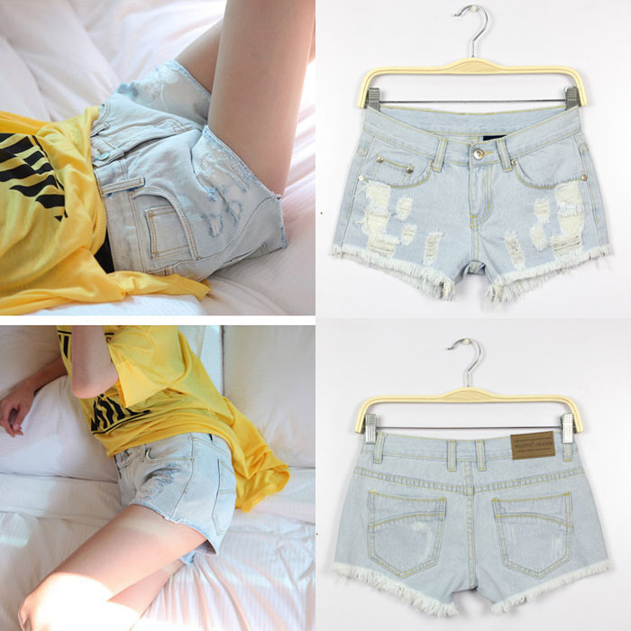 2013 summer light color female fashion personality hole denim shorts