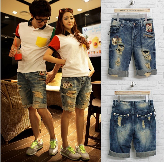 2013 Summer lovers jeans casual holes denim capris plus size shorts male and female Free shipping