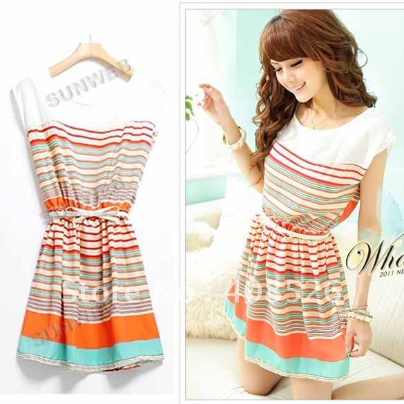 2013 Summer LRL New Colorful Stripes Chiffon Dress Free Bowknot Belt Women's Dresses skirt free shipping