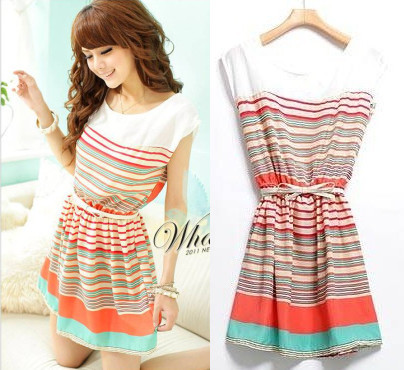 2013 Summer Mini Dress New Fashion Colorful Stripes Chiffon Dress Free Bowknot With Belt Women's Dresses free shipping