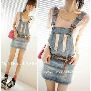 2013 summer new arrival lace patchwork light color department of denim suspenders short  jumpsuits for women with belt