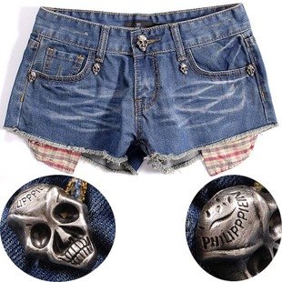 2013 summer new arrival skull heads rivet Sexy women shorts dark blue 26, 27, 28 Free shipping