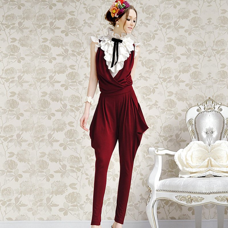 2013 Summer New Arrival Women's Fashion Jumpsuit Europe Elegant Wine Red V-Neck Slim Harem Pants/Jumpsuit