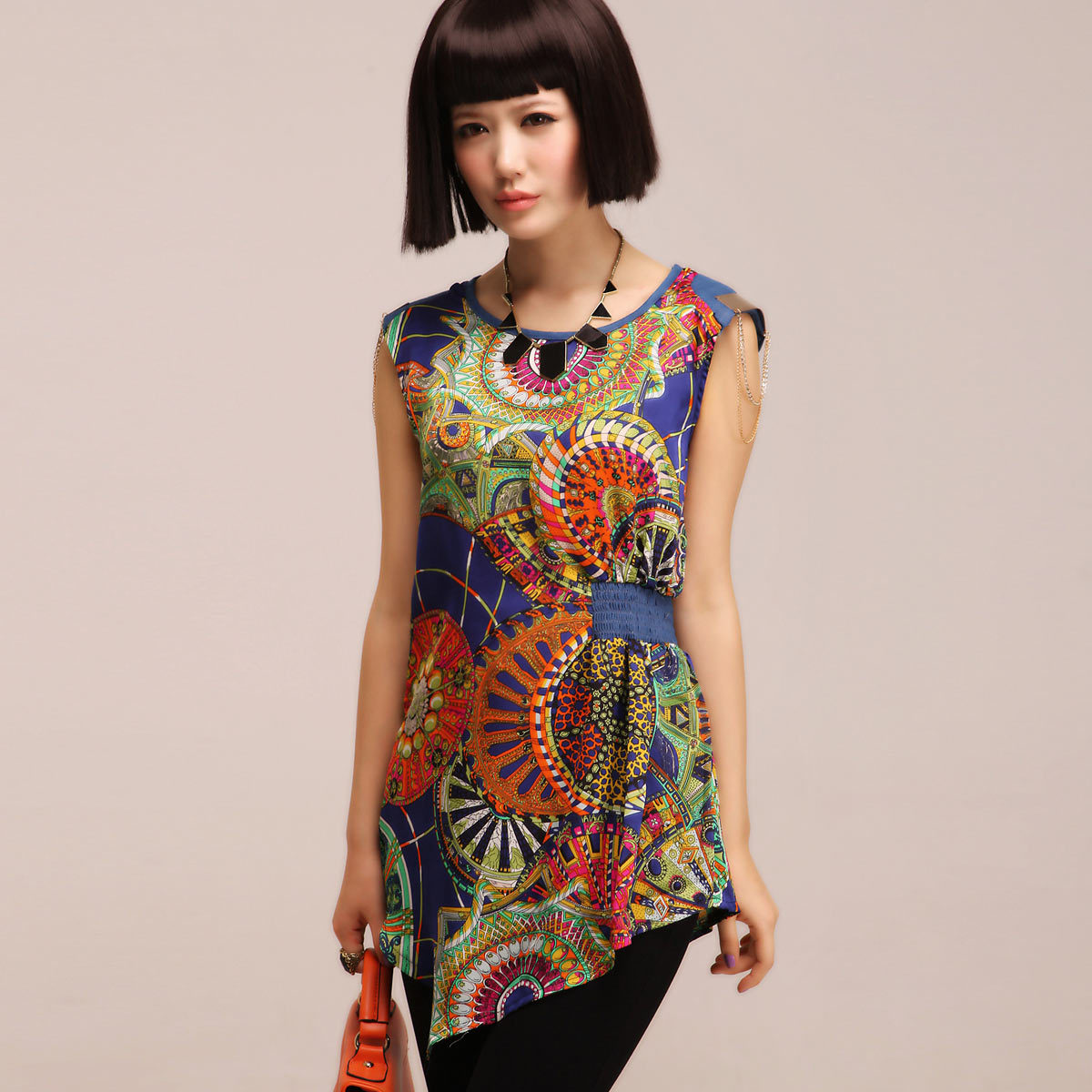 2013 summer new arrival Women slim waist vintage national trend medium-long sleeveless shirt top 711