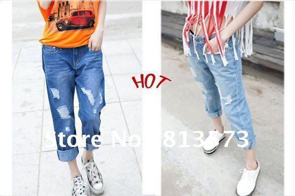 2013 Summer New Arrival,Women wide leg jeans ,fashion casual crop jeans  woman broken hole  jeans Free shipping