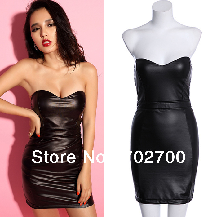 2013 Summer New Sexy Clubwear Off Shoulder Strapless Black Bodycon Leather Dress Free Shipping