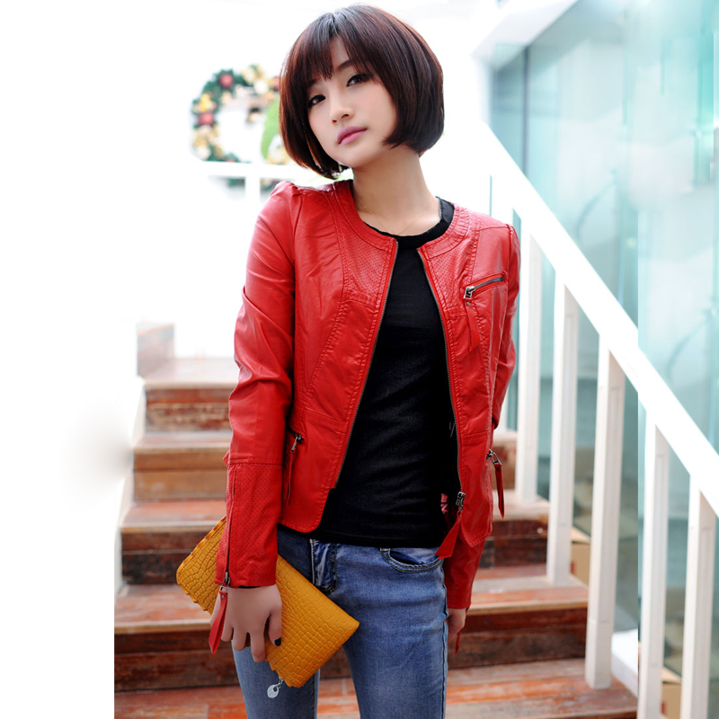 2013 summer o-neck zipper long-sleeve water washed leather clothing women's slim short jacket