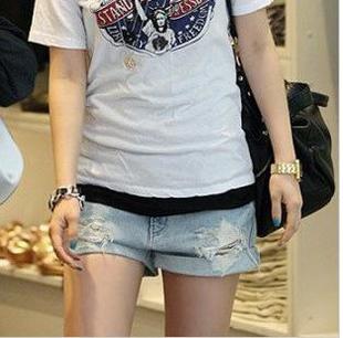 2013 summer pants loose distrressed roll-up hem light color denim shorts hole beggar pants shorts 511