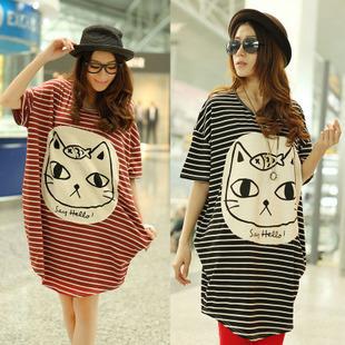 2013 summer plus size maternity clothing stripe long loose design maternity top maternity short-sleeve T-shirt skirt