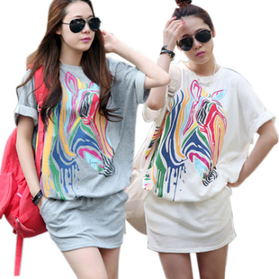 2013 summer print plus size loose women's short-sleeve sweatshirt one-piece dress 2 color size M,L,XL,XXL