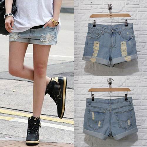 2013 summer roll-up ultra-low-waisted hem denim shorts hole harem pants female loose shorts