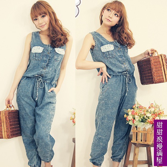 2013 summer rose pocket slim waist lacing jumpsuit trousers denim jumpsuit