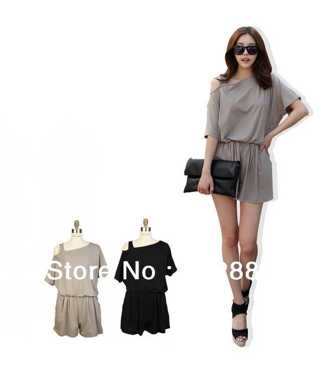 2013 summer Sexy short jumpsuits off  shoulder short pant rompers trendy overalls for women Black / khaki free shipping