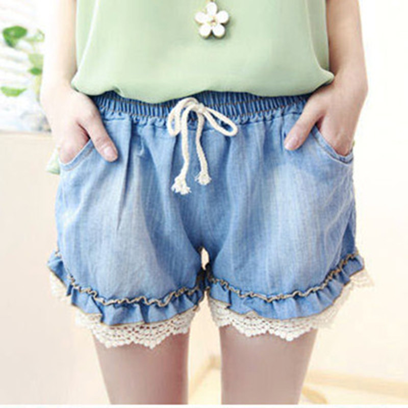 2013 summer shorts lace decoration elastic lacing women's water wash denim shorts