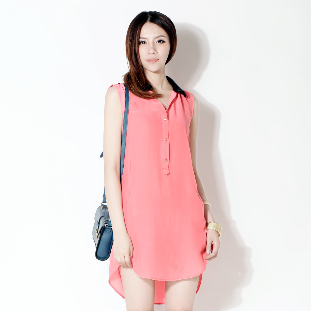 2013 summer silk one-piece dress crepe-de-chine genuine leather collar short skirt ld5087