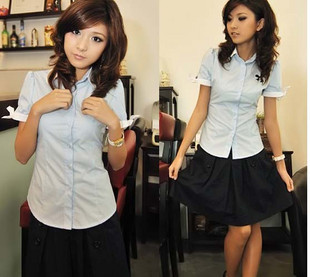 2013 summer slim waist casual short-sleeve shirt female pleated double breasted bust skirt set