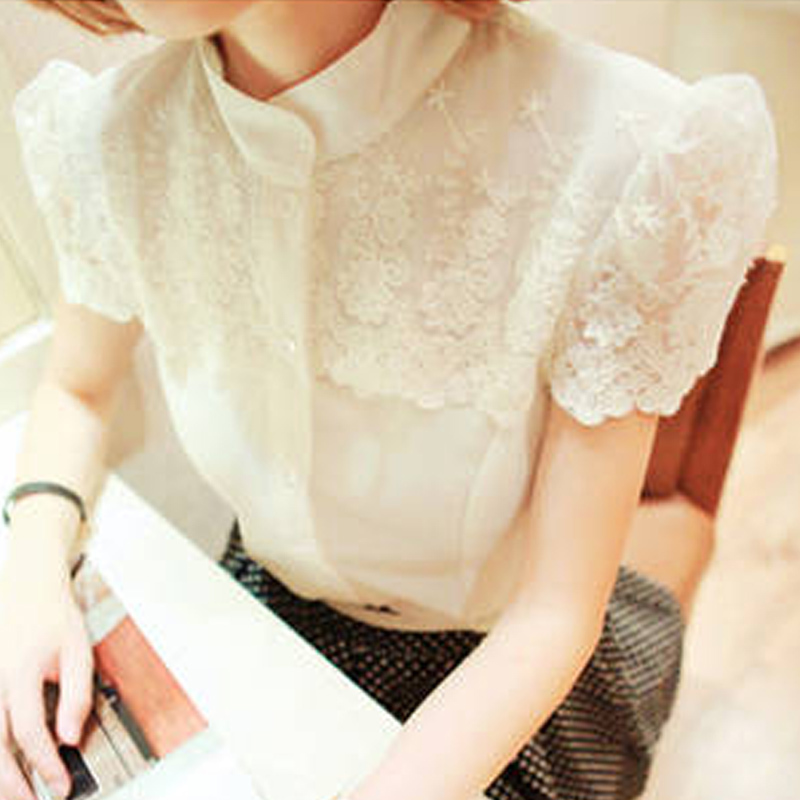 2013 summer sweet short-sleeve lace patchwork princess sleeve chiffon shirt free shipping