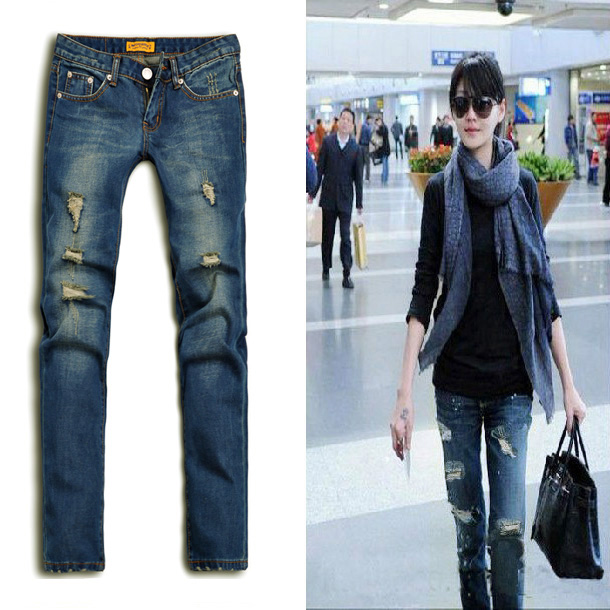 2013 summer wearing white retro finishing water wash personality hole female loose straight jeans pants