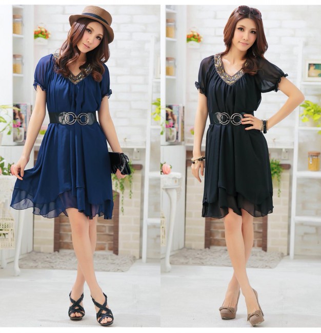 2013 Summer Women Big Size Puff Sleeve Beaded V Neck Pleated Ruffles Chiffon Dress With Belt/XL-4XL/Black Blue/FreeShipping/C236