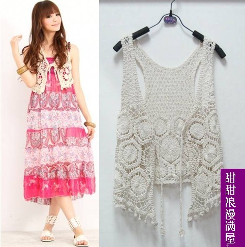 2013 summer women's 132701 small tassel lacing small cutout crochet vest