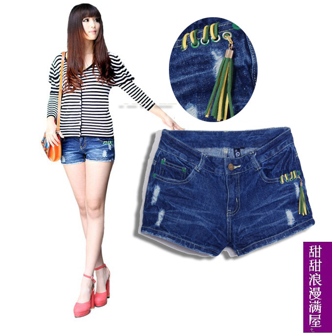 2013 summer women's 271001 casual all-match street distrressed blue denim shorts