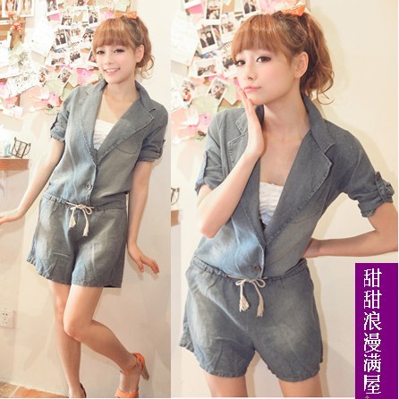 2013 summer women's 3718110 hot-selling casual deep v neck slim waist denim shorts jumpsuit