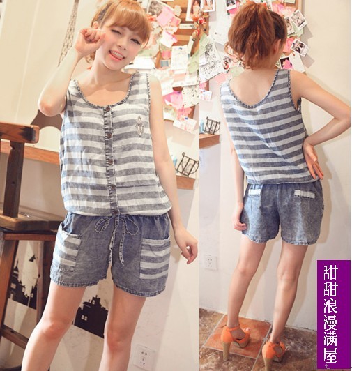 2013 summer women's 3725110 navy style stripe pocket slim waist denim jumpsuit shorts