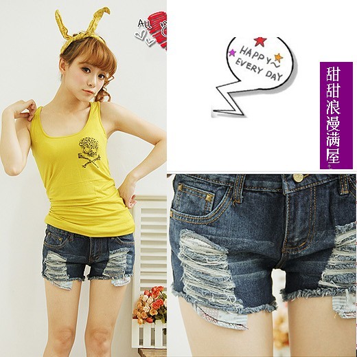 2013 summer women's 373610 preppy style gel pocket denim shorts moben distrressed shorts