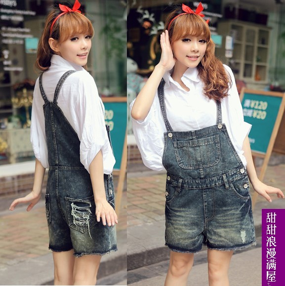 2013 summer women's 375789 large pocket jeans suspenders shorts jumpsuit