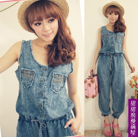 2013 summer women's 3760210 rivet slim waist lacing denim jumpsuit suspenders trousers