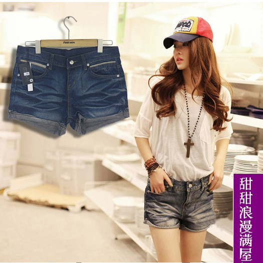 2013 summer women's 376789 fashion five-pointed star roll-up hem casual denim shorts