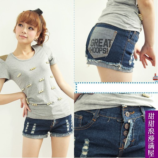 2013 summer women's 3776990 roll up hem distrressed button flash denim shorts