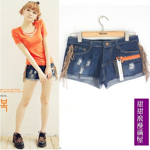 2013 summer women's 3787990 deerskin retro tassel distrressed finishing roll up hem denim shorts