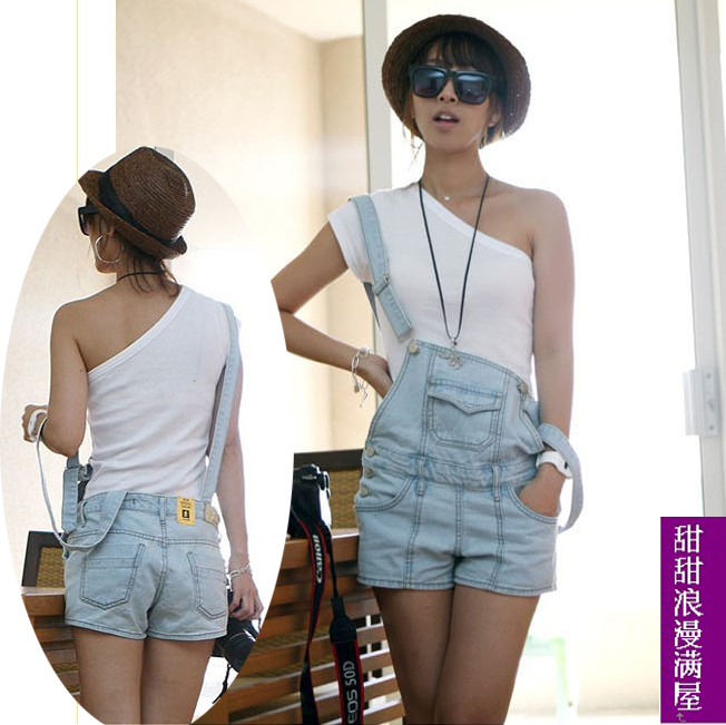 2013 summer women's 4216 light blue denim shorts suspenders slim shorts