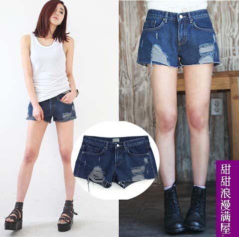 2013 summer women's 43508 wool distrressed Dark Blue denim shorts