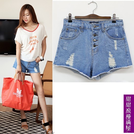 2013 summer women's 43738 comfortable casual buttons denim shorts hole shorts