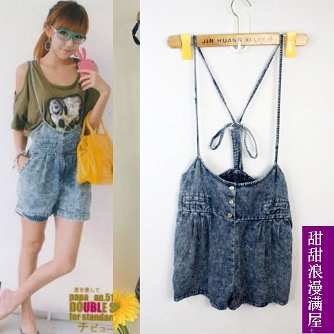 2013 summer women's 45906 casual thin denim bib pants spaghetti strap shorts