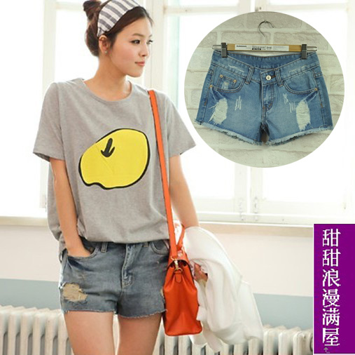 2013 summer women's 88503 hole wool light blue thin denim shorts