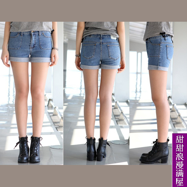 2013 summer women's 88703 slim roll up hem water wash light blue denim shorts