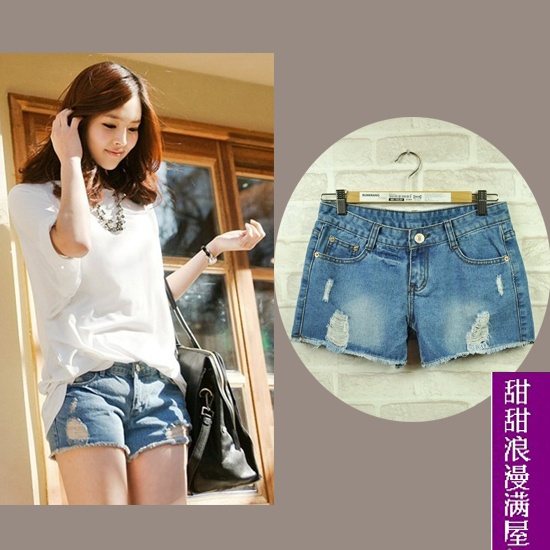 2013 summer women's 88803 light blue flash thin denim shorts hole shorts