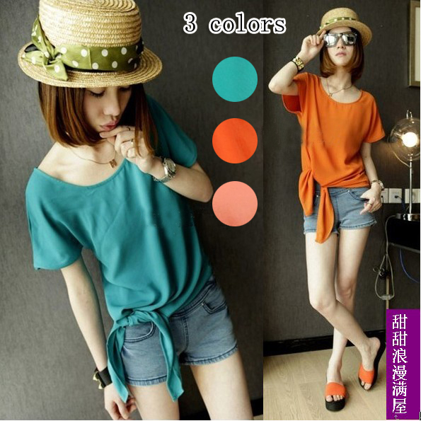 2013 summer women's 94103 tieclasps sweep bright color cool short-sleeve chiffon shirt