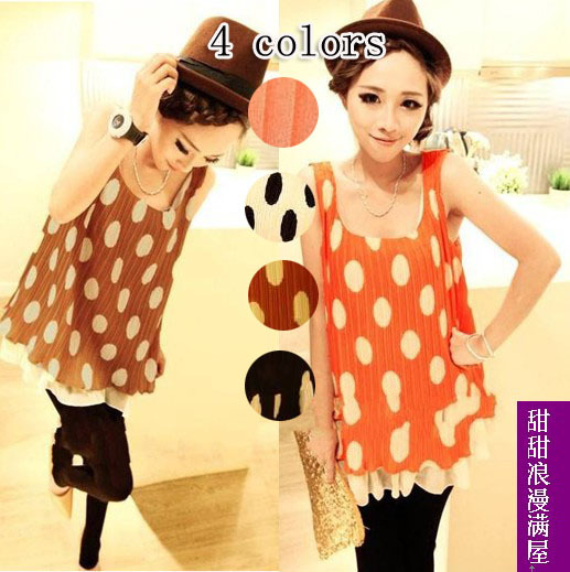 2013 summer women's 9678 pleated polka dot sleeveless chiffon shirt belt