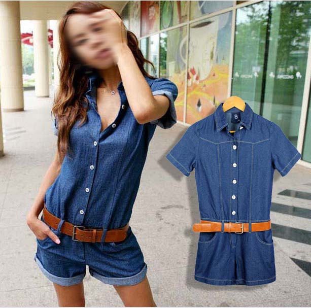 2013 summer women's a1629 casual fashion thin fiw blue jumpsuit shorts belt