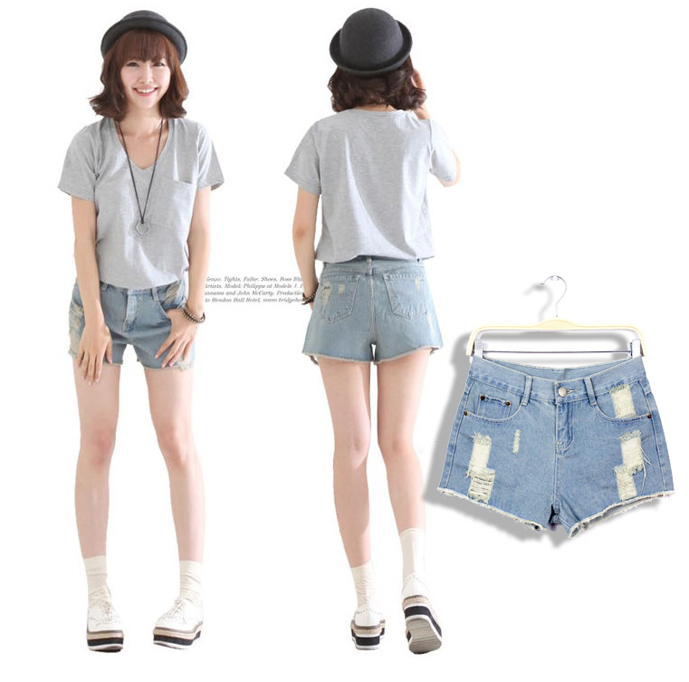 2013 summer women's a1929 moben casual all-match distrressed light blue denim shorts