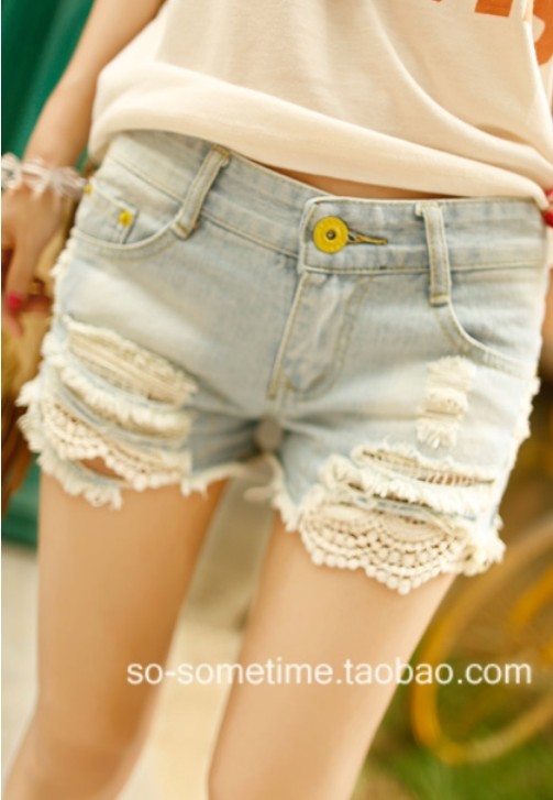 2013 summer women's beautiful lace sweet nostalgia distrressed denim shorts