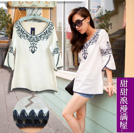 2013 summer women's blue and white porcelain national 88998 trend embroidered all-match fifth sleeve shirt