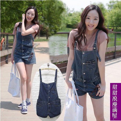 2013 summer women's c2829 Dark Blue denim suspenders shorts jumpsuit