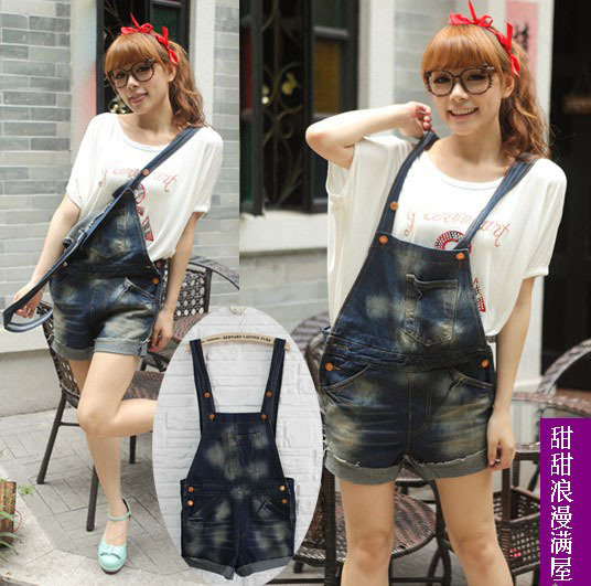 2013 summer women's c6109 casual denim suspenders shorts