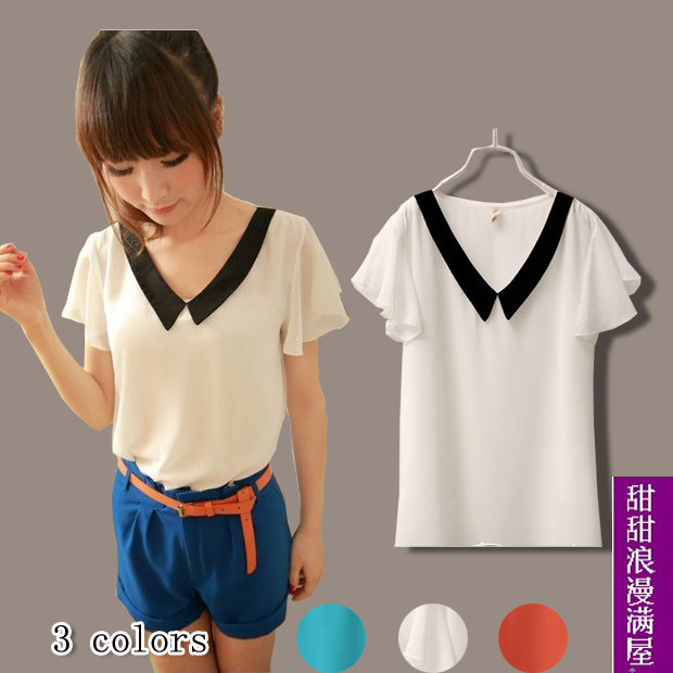 2013 summer women's c70125 sweet peter pan collar lotus leaf short-sleeve chiffon shirt