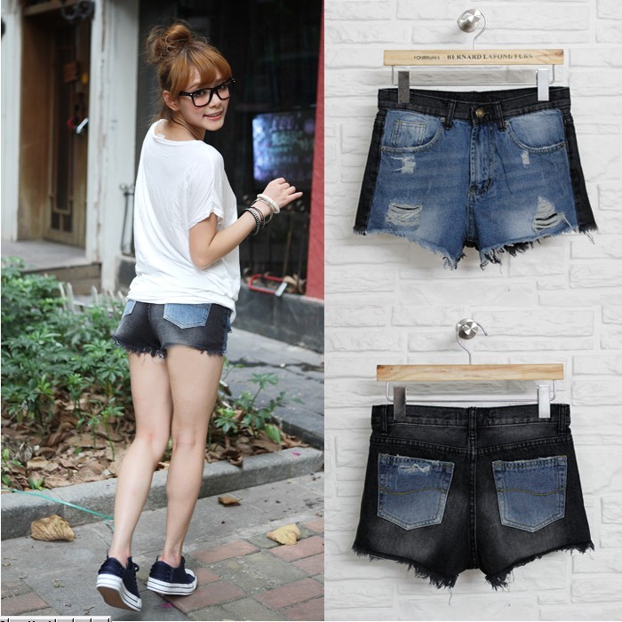 2013 summer women's c8209 casual all-match fashion color block decoration flash denim shorts